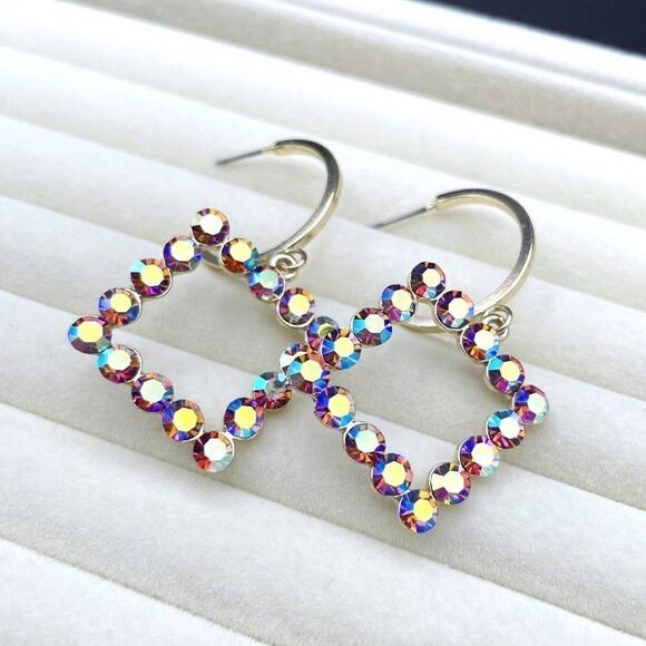 Yellow Gold with Iridescent AB Crystal Dangling Square and Hoop Post Earrings - Picture 7 of 10